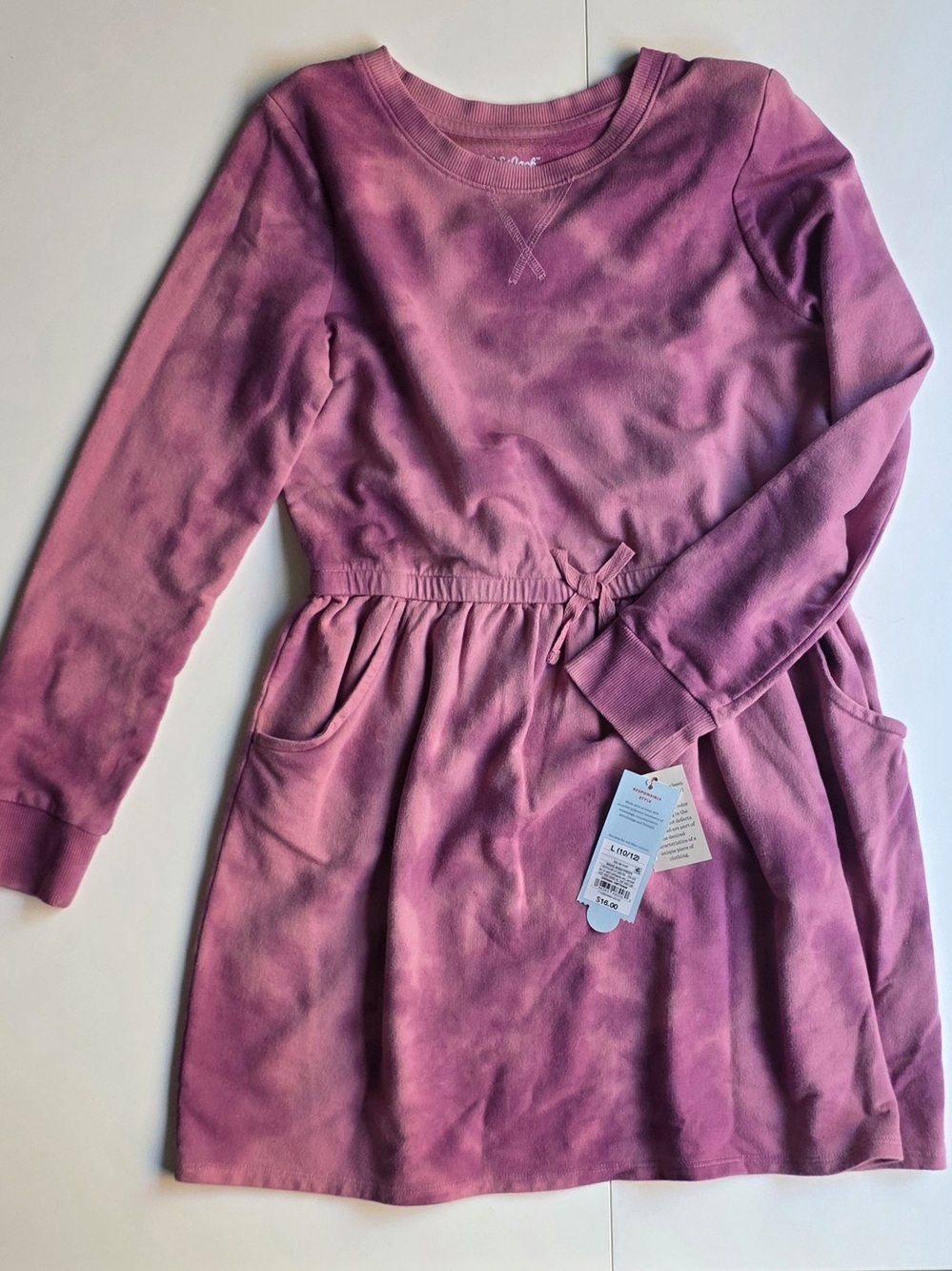 Girls' Pink Long-Sleeve Tie-Waist Dress